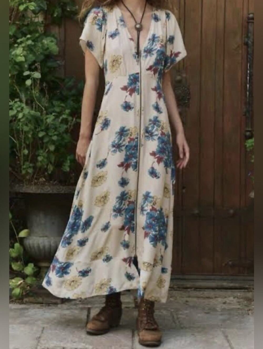 THE GREAT. Blue Floral Midi-Dress Zip Front Cottagecore Boho Size 2 Y2K Z21 - Picture 1 of 7